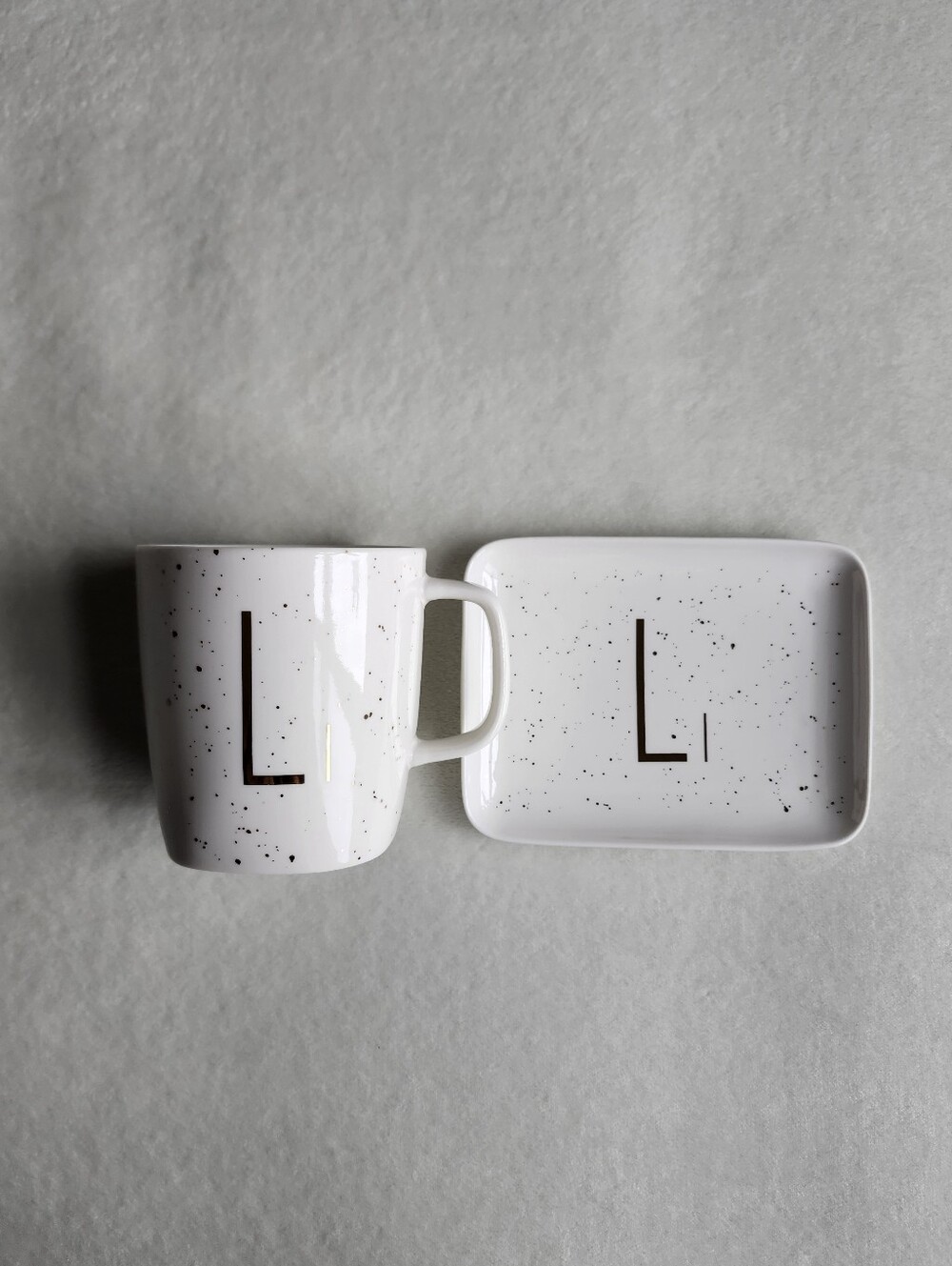 Life At Home Speckled White & Gold Monogram Mug with Matching Saucer Tray